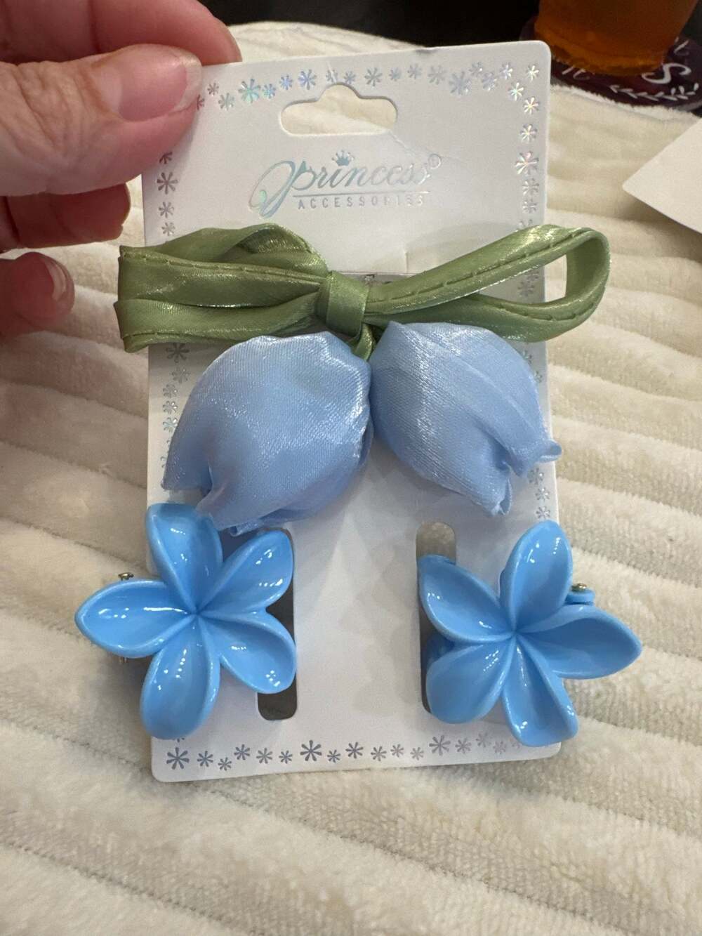Blue tulip flower hair clips with green bow set with 2 mini hair claws